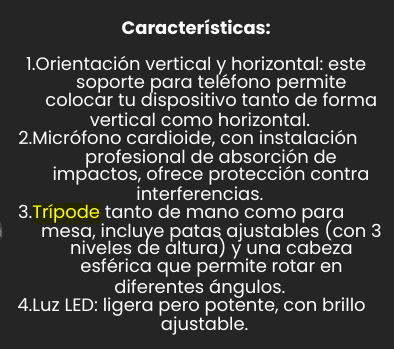 Set grabación móvil 3 en 1 (trípode + micro + luz)