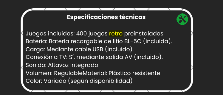 Consola Retro portátil 400 juegos